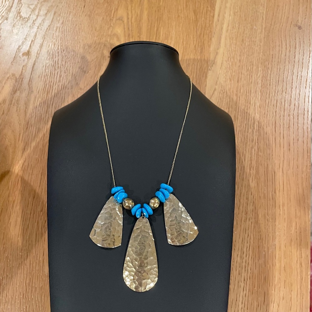 Gold Tone Hammered Pendant Necklace Blue Beaded Chain Women‎